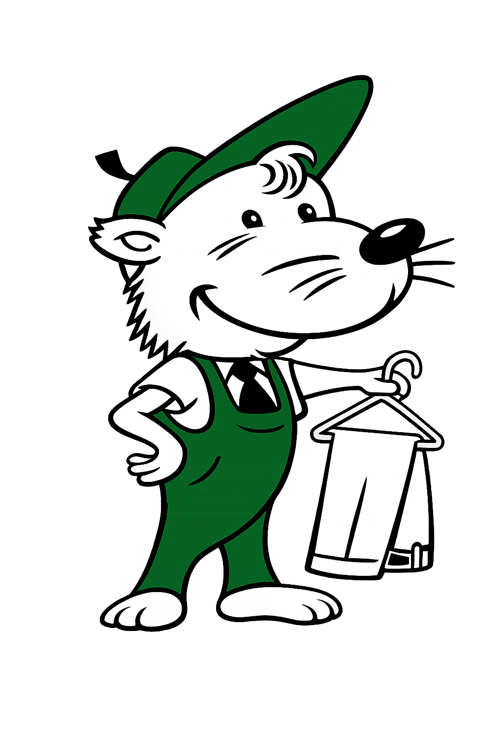Maskottchen der Textilreinigung Biehler: gezeichnete Figur im grünen Overall mit Kleiderbügel